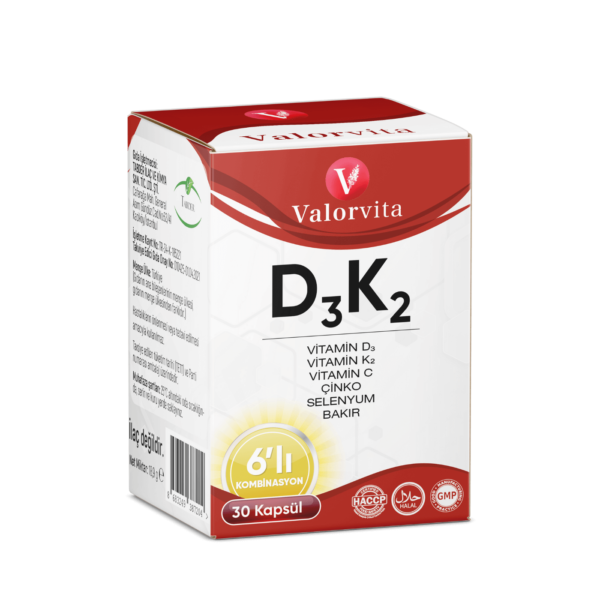 ValorVita D3K2 Complex - D3K2, C Vitamini, Bakır, Çinko ve Selenyum İçeren Kapsül 30 Adet